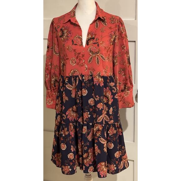Vince Camuto Dresses & Skirts - Vince Camuto 4P Dress Coral & Navy Blue Floral Dress Long Sl Gold Buttons